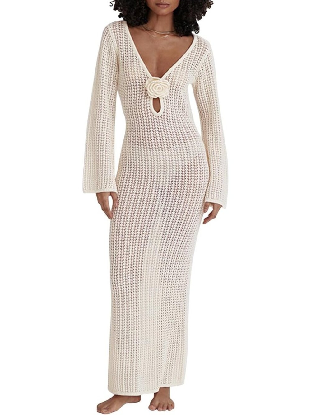 Women's Off White Floral Hollow Out Open Back Maxi Knitted Swim Suit Cover Up